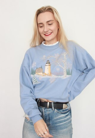 VINTAGE 90S PASTEL BLUE FOREST TREES OVERSIZED SWEATSHIRT
