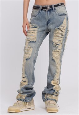 All over rip jeans distressed denim pants washed out  blue