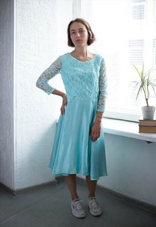 VINTAGE 80'S BLUE MIDI LACE TOP LONG SLEEVED DRESS