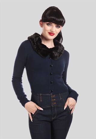 PIETRA VINTAGE 80S LONG SLEEVE CARDIGAN WITH FAUX FUR COLLAR