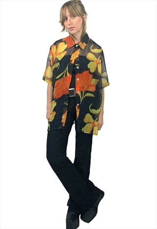 VINTAGE 40S HAWAIIAN SHIRT FLORAL SHEER CHIFFON BUTTON UP