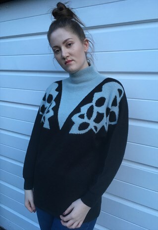 WOMENS VINTAGE 80S JUMPER BLUE BLACK FLORAL TURTLE NECK TOP