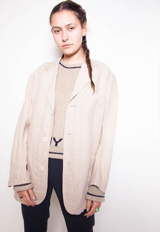 VINTAGE 80S BEIGE LINEN BLAZER JACKET ID:1612