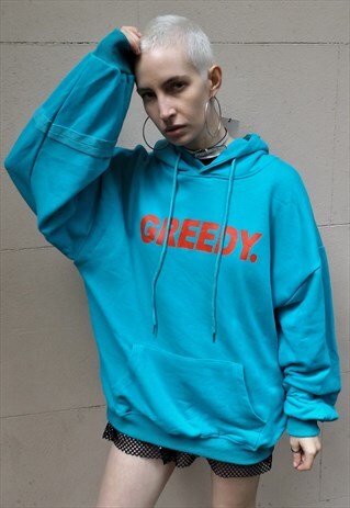 LOOSE FIT OVERSIZE TOP GREEDY SLOGAN DROP SHOULDER HOODIE