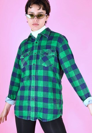 VINTAGE 90S FLANNEL SHIRT CHECK GREEN BLUE