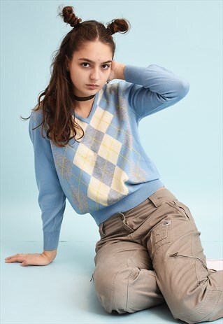 70'S RETRO ARGYLE PATTERN WOOL TEEN KNIT JUMPER