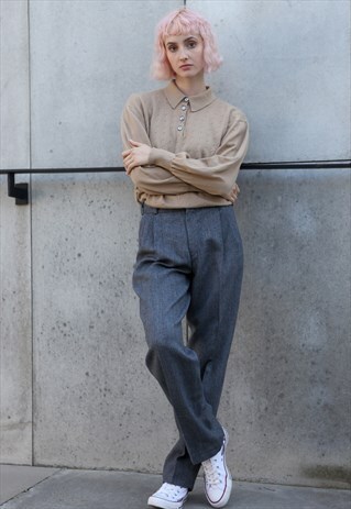 VINTAGE 90'S HERRINGBONE SUIT WOOL TROUSERS IN GREY S