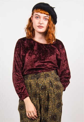 VINTAGE 80'S MAROON VELVET LONG SLEEVED TOP