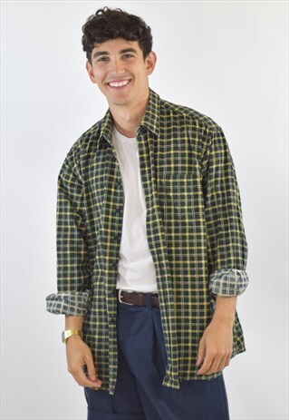 VINTAGE 90S GREEN YELLOW CHECKERED CORDUROY SHIRT