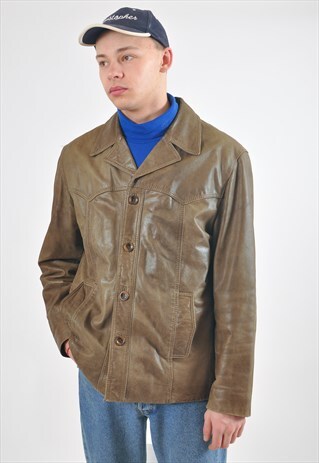 VINTAGE RETRO REAL LEATHER JACKET IN KHAKI