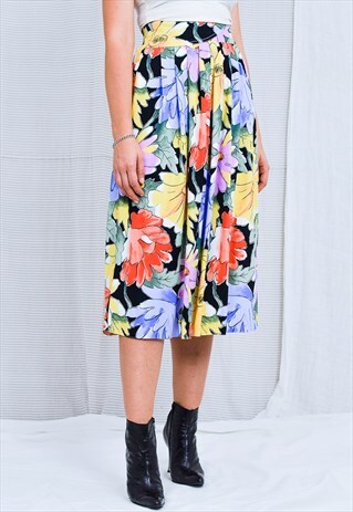 FLORAL SKIRT VINTAGE RAINBOW PRINTED FLOWERS PLEATED VISCOSE