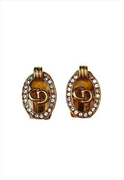 Christian Dior Earrings Gold CD Logo Crystal Vintage Clip on