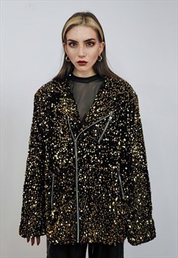 Golden sequin biker jacket glitter bomber sparkle in yellow