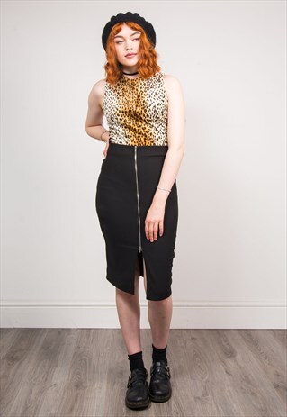 90'S Y2K VINTAGE BLACK ZIP BODYCON MIDI SKIRT