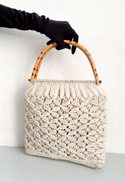 Vintage Y2K boho bamboo handle string bag in off white