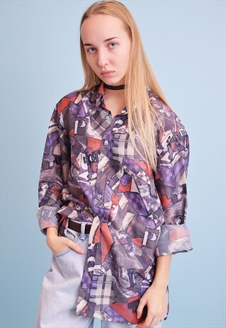 90'S RETRO ABSTRACT PRINT OVERSIZED SHIRT BLOUSE TOP
