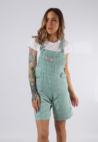 VINTAGE TARTAN COTTON DUNGAREE SHORTS PETITE UK 8 XS (DDO)
