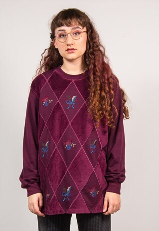 VINTAGE 90'S MAROON VELVET EMBROIDERED CUTE SWEATSHIRT