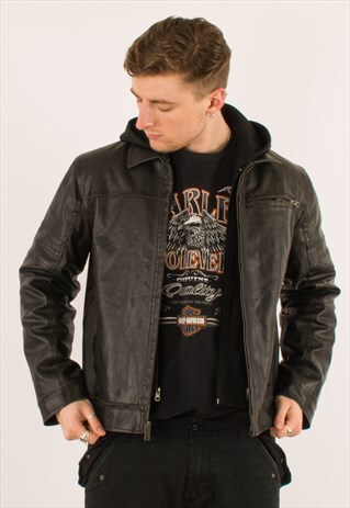 VINTAGE BLACK GUESS HOODED LEATHER JACKET MEDIUM
