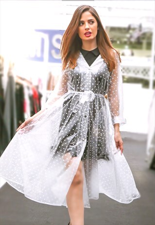 TRANSPARENT & WHITE POLKA DOT FLARED PVC FESTIVAL RAINCOAT