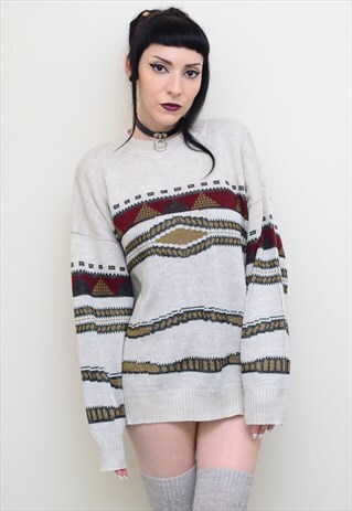 VINTAGE 90'S GRUNGE INDIE PATTERNED SLOUCHY JUMPER