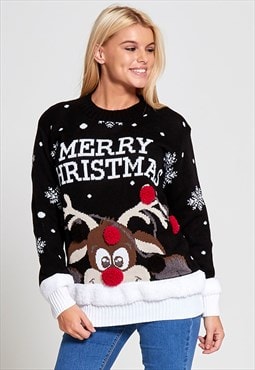 justyouroutfit Merry Christmas Reindeer Knitted Jumper Blk