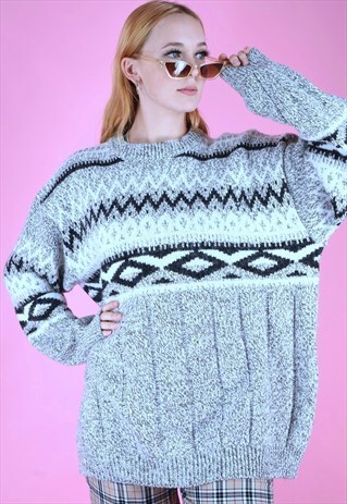VINTAGE 90S KNIT JUMPER GEOMETRIC PATTERN GREY