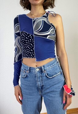 Reworked Asymmetrical One Shoulder Patchwork Top In Blue