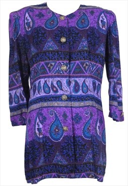 Vintage 80s Blouse Bright Purple Abstract Paisley 3/4 Sleeve