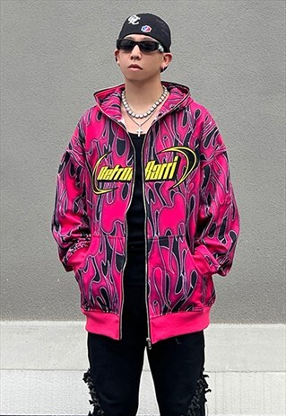 Pink Flame Graphic Cotton oversized Zip Up Hoodie