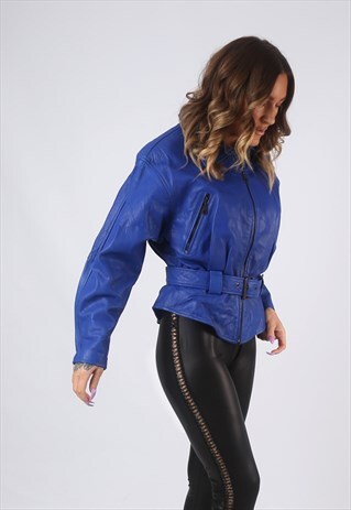 LEATHER JACKET FITTED BIKER COLOURED BOMBER UK 10 (GKBQ)
