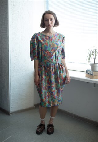 VINTAGE 80'S MIDI MULTICOLORED SHORT SLEEVE DRESS