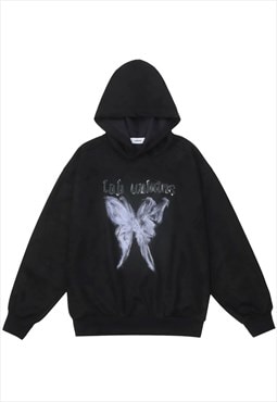 Butterfly graffiti hoodie vintage wash pullover grunge top