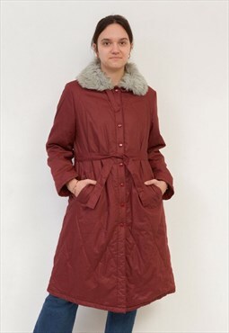 Vintage 70's Women's L Coat Jacket Burgundy Faux Fur Collar 