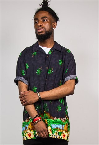 VINTAGE 90'S BLACK HAWAIIAN SHORT SLEEVE SHIRT