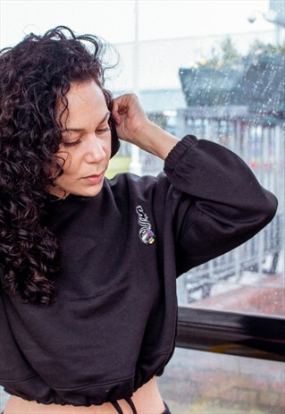 CROPPED OVERSIZE BLACK EMBROIDERED HOODIE