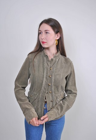 80S KHAKI GREEN CORDUROY RUFFLED JACKET, SIZE S