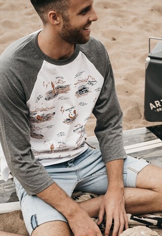 'BEACH BREAK' 3/4 SLEEVE BASEBALL T-SHIRT IN GREY & WHITE