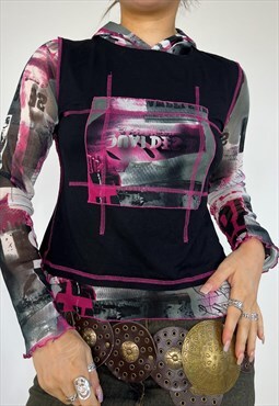 Vintage Y2k Top Graphic Print Mesh Long Sleeve Grunge 90s