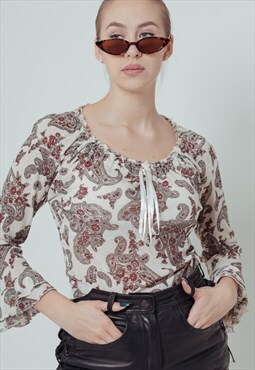 Vintage Y2k Frill Cuff Fitted Paisley Printed Top in Multi M
