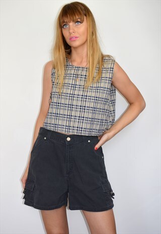 VINTAGE BLACK HIGH WAISTED CARGO DENIM SHORTS