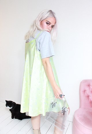 VINTAGE 90S FLORAL APPLE GREEN SLIP DRESS