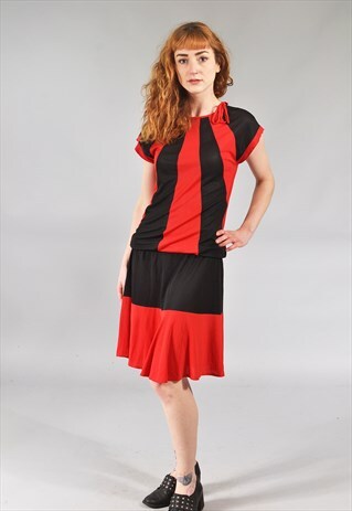 VINTAGE BLACK & RED STRIPED DROP WAIST DRESS