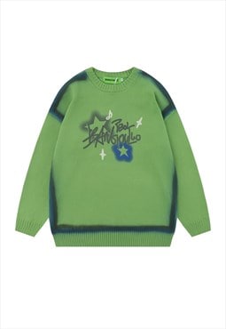 Graffiti sweater knitted grunge jumper star print top green