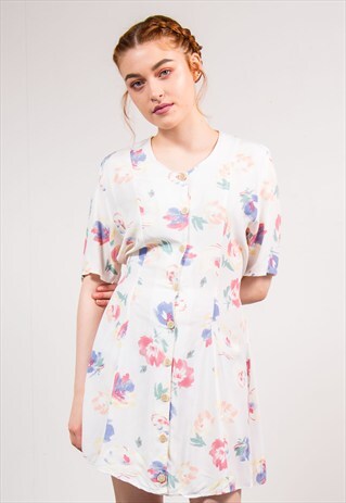 VINTAGE 90'S WHITE FLORAL PATTERN SUMMER CUTE MINI DRESS