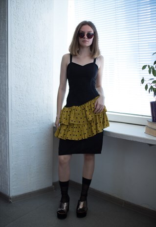 VINTAGE 80'S BLACK/MUSTARD YELLOW RUFFLE POLKA DOT MINI DRES