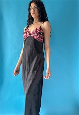 Vintage Y2K 90s Size M Embroidered Maxi Cami Dress in Black.