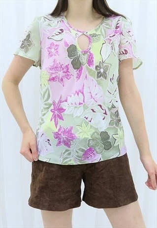 90S VINTAGE MULTICOLOURED FLORAL BLOUSE TOP (SIZE M)