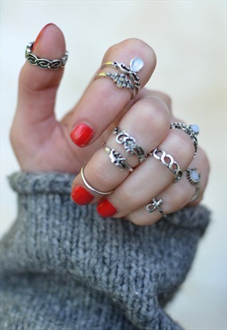 11 RETRO STACKED BOHO SILVER GEM RINGS SET