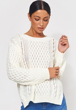 WHITE SIDE SPLIT CHUNKY JUMPER